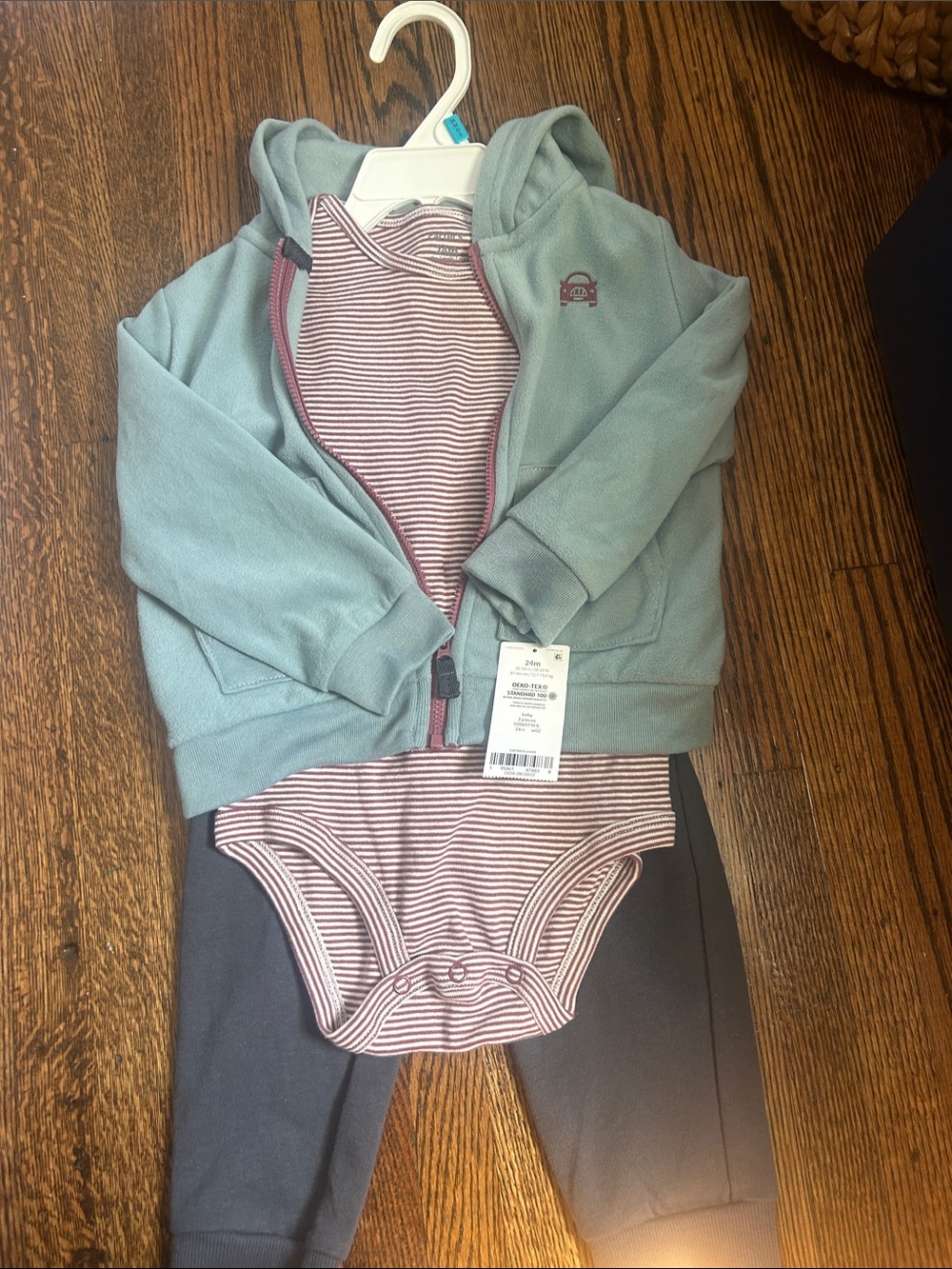 Carter's Sage Zip Hoodie with Mauve-Striped Bodysuit & Charcoal Pants